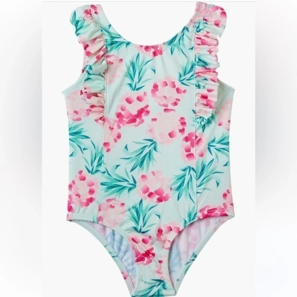 🆕WIPPETTE Pink Mint Teal Tropical Floral Ruffle One-Piece Swimsuit::Baby 24 MO